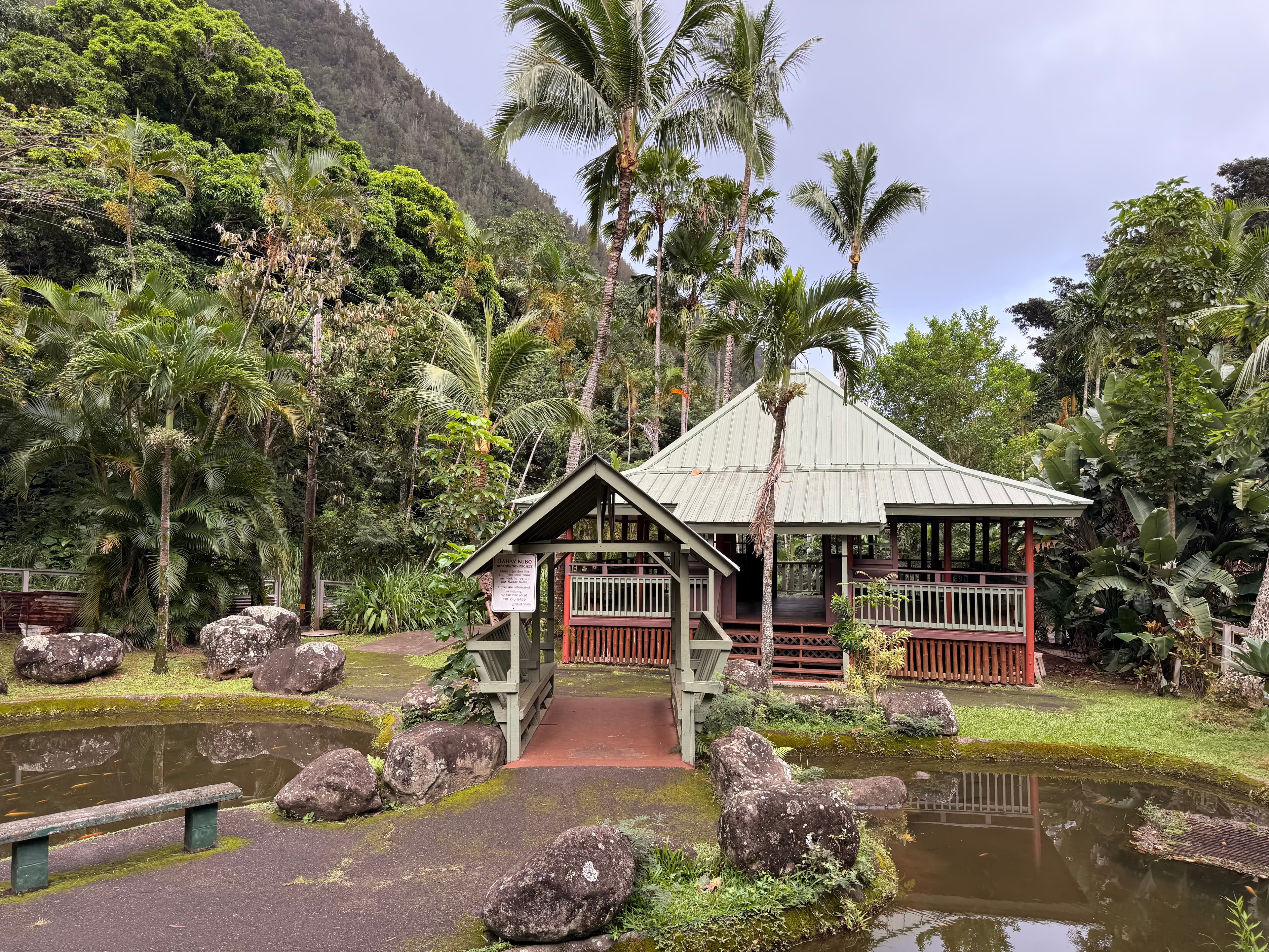 Bahay kubo pavilion with green roof beside the pond and palms at Kepaniwai Heritage Gardens