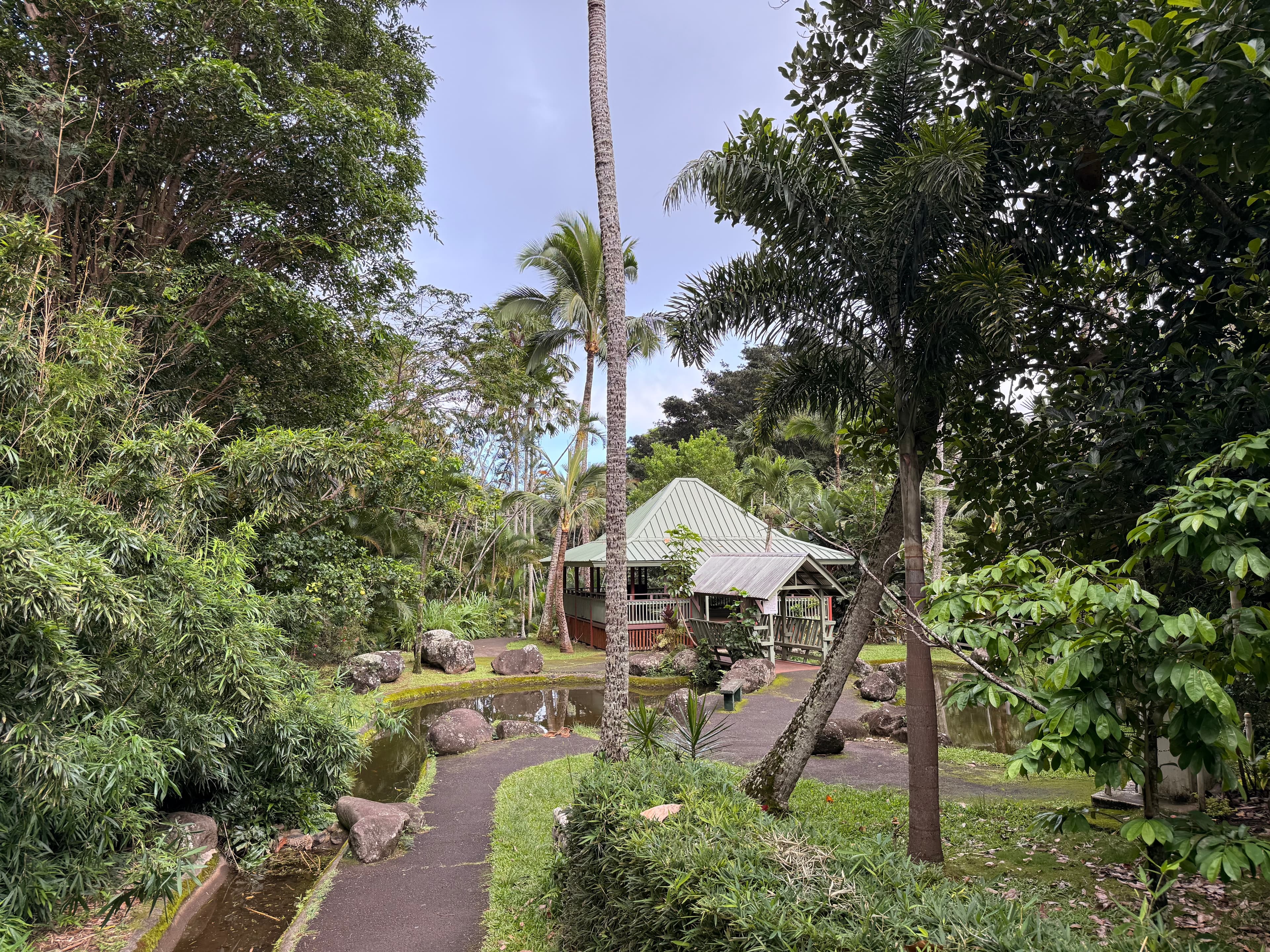 Bahay kubo at Kepaniwai Heritage Gardens seen from farther along the garden path