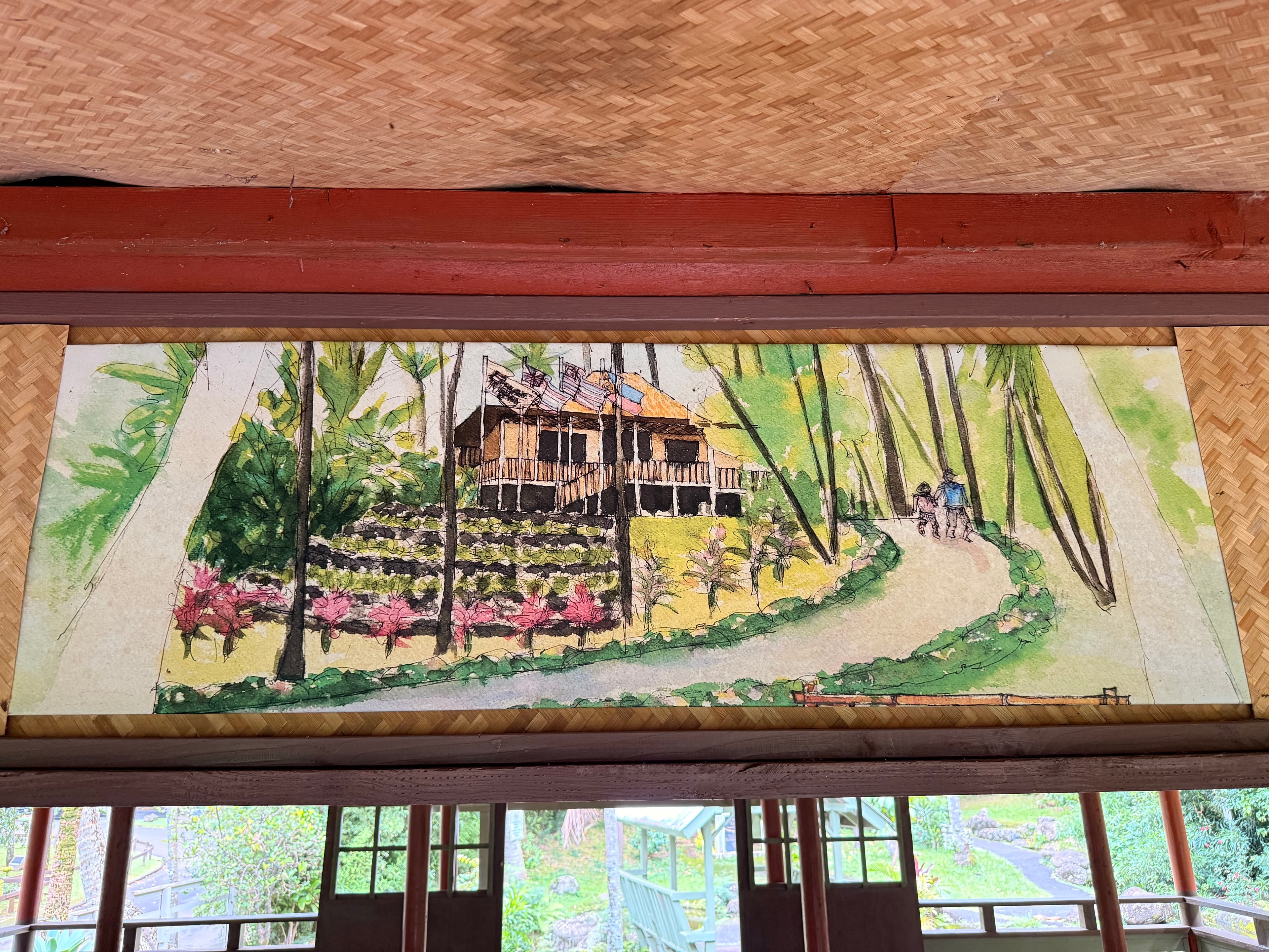 Ink and watercolor of a bahay kubo with flags, terraced plants, and two figures on a path