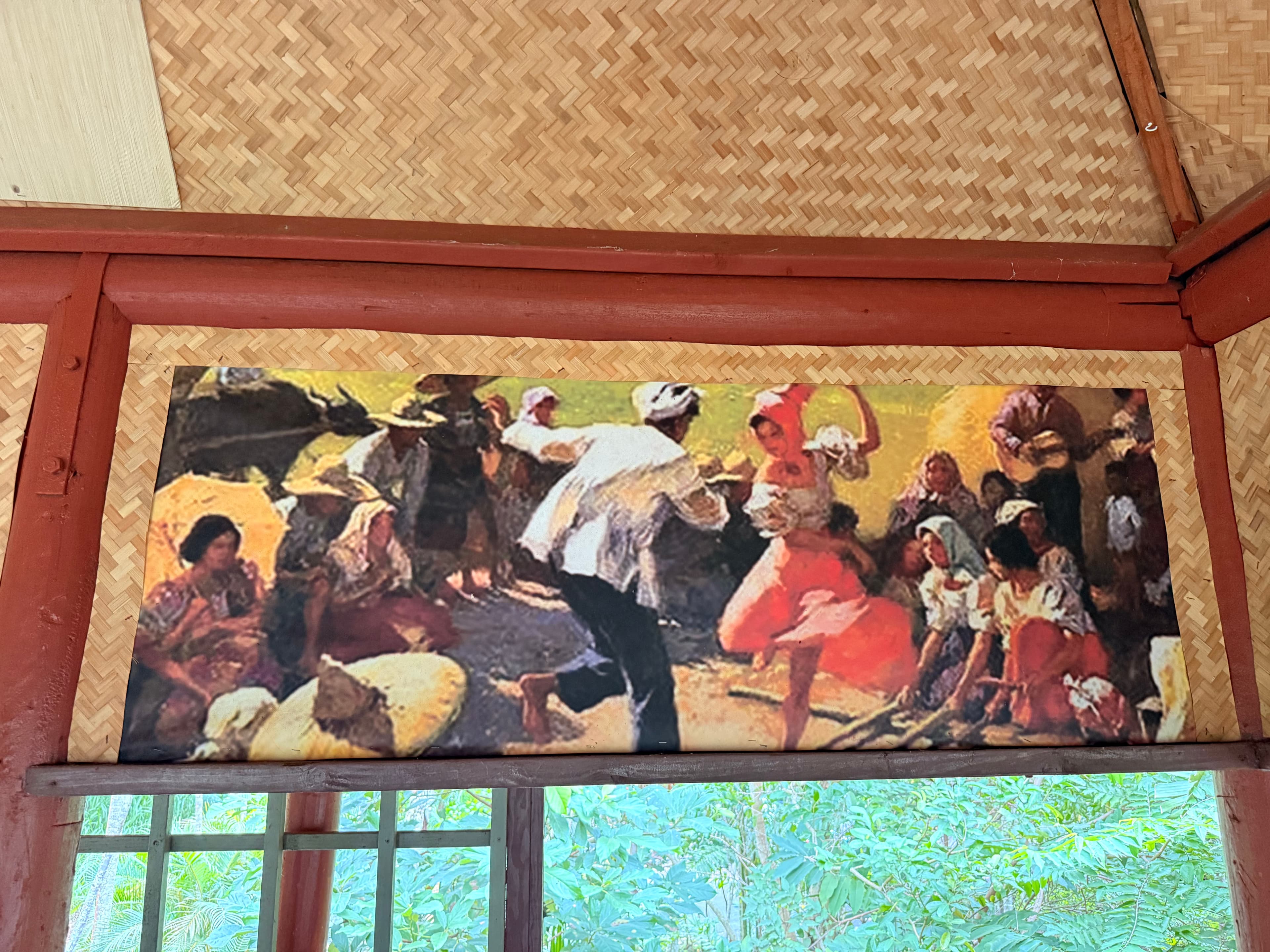 Painting of a man and woman dancing Tinikling while villagers watch and a guitarist plays