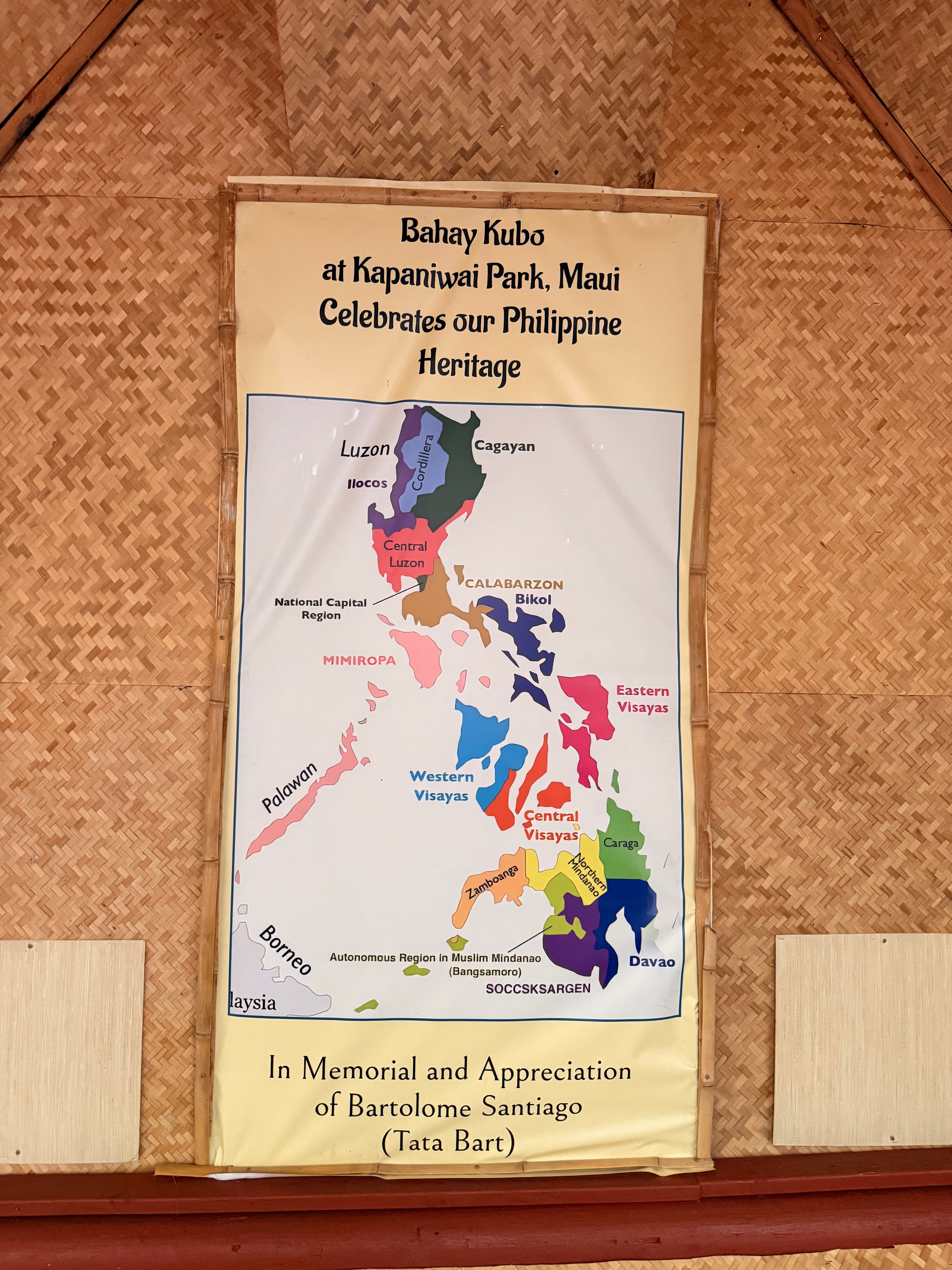Framed map of the Philippines titled Bahay Kubo at Kepaniwai Park, dedicated to Bartolome Santiago